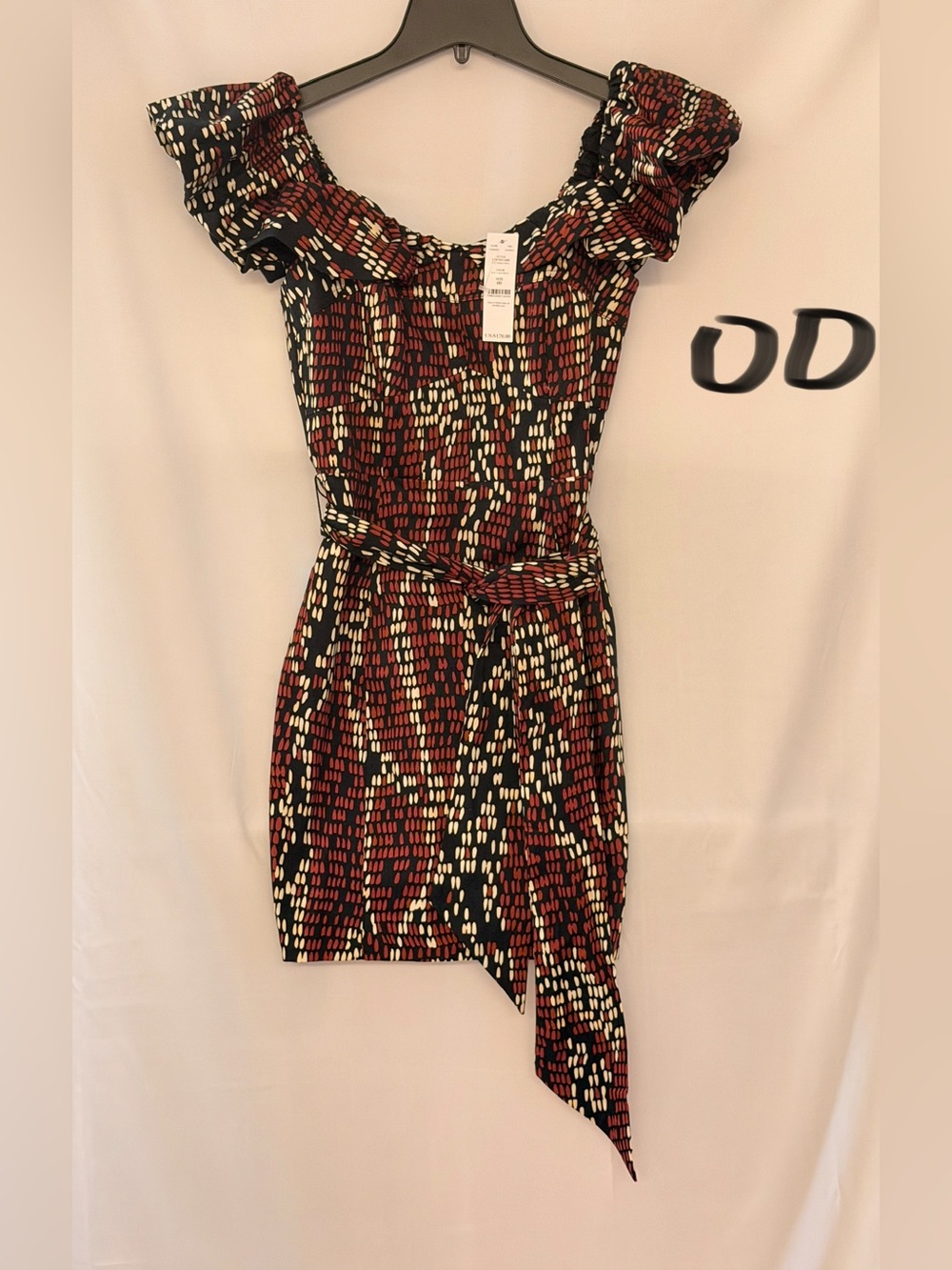 White House Black Market One-Shoulder Belted Print Dress in Black, Red, Cream